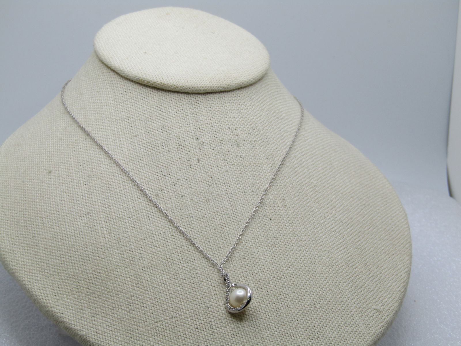 Sterling Pearl Diamond Necklace, 16"-17" Adjustable, Signed (1 of 7)