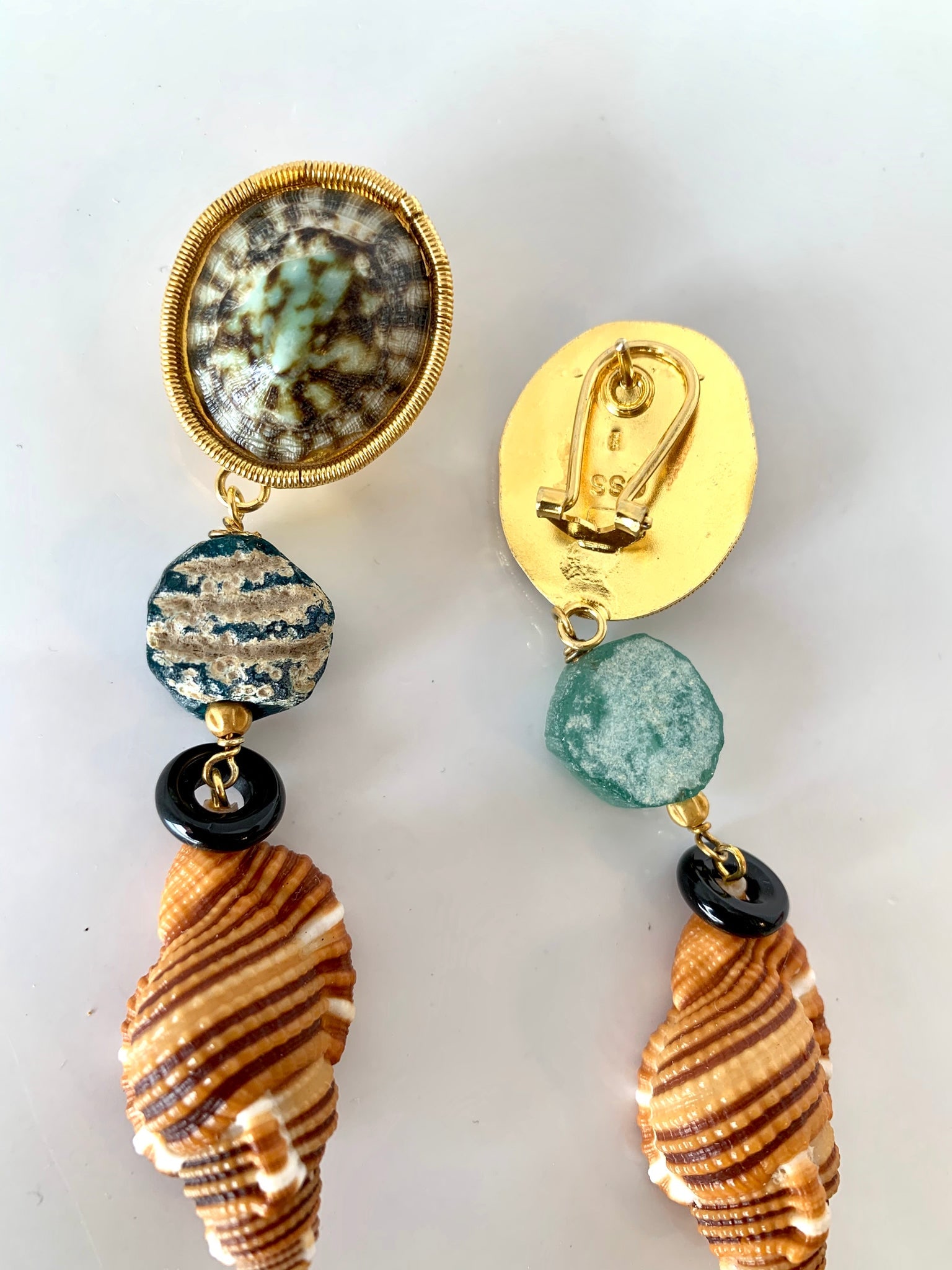 Rustic Roman Glass, Onyx, Cymbatium Vermeil Earrings - 2
