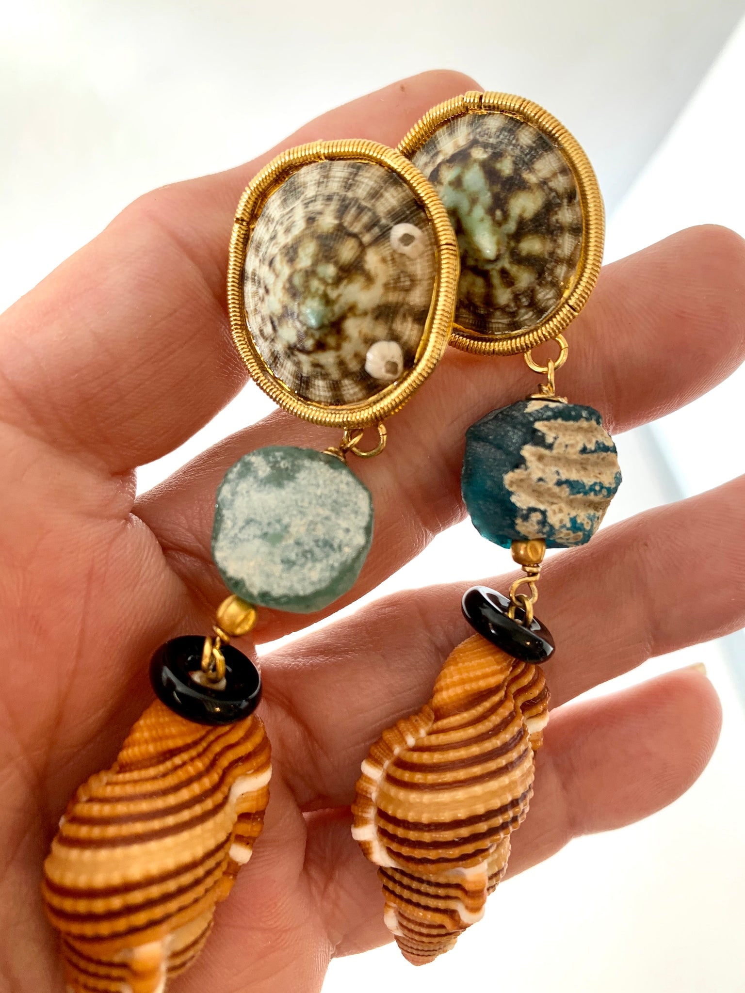 Rustic Roman Glass, Onyx, Cymbatium Vermeil Earrings - 3