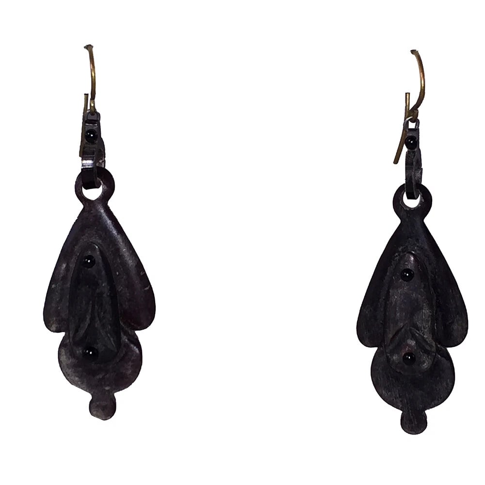 Victorian Carved Horn Drop Earrings: Title:Victorian Carved Horn Drop EarringsDescription:Very elegant and intricately hand-crafted carved horn earrings from the Victorian era. Circa 1840's to 1850's. Earrings measure, 2