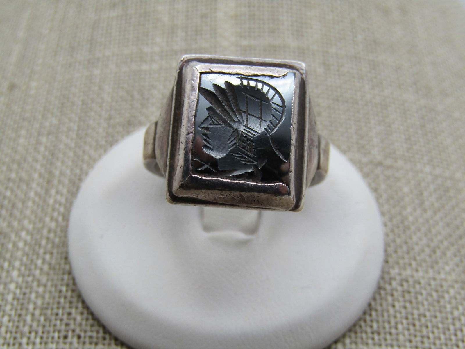 Vintage Sterling Intaglio Hematite Warrior Ring, Sz. 8, Hand Made, 1960's-1970's: Title:Vintage Sterling Intaglio Hematite Warrior Ring, Sz. 8, Hand Made, 1960's-1970'sDescription:Vintage Sterling Intaglio Hematite Warrior Ring, Sz. 8, Hand Made, 1960's-1970's. Men's style ring