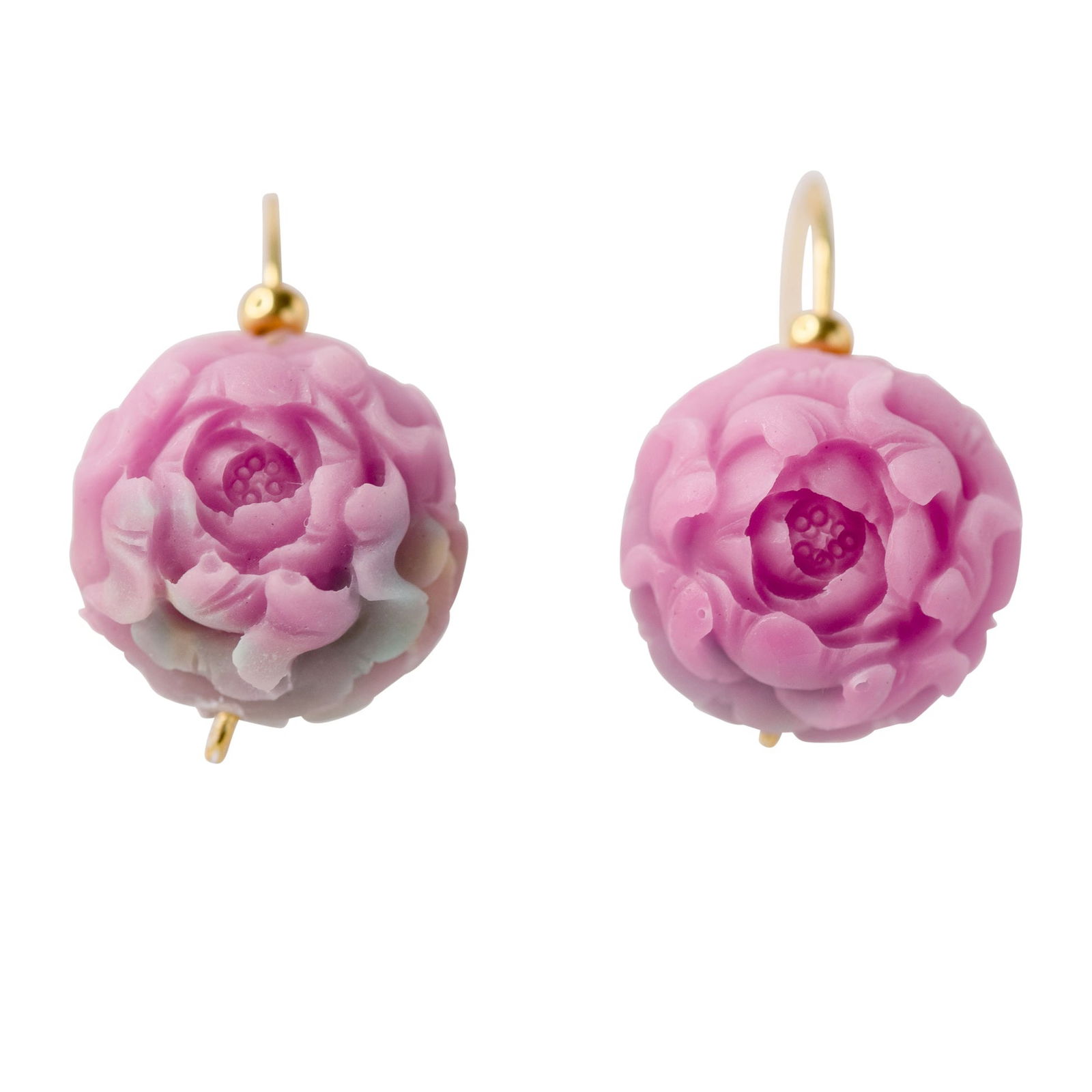 Pink Agate Peony Flower Earring II 14K Gold Hook - 3