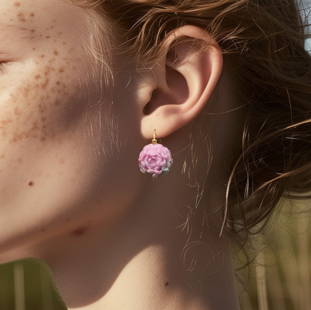 Pink Agate Peony Flower Earring II 14K Gold Hook - 7