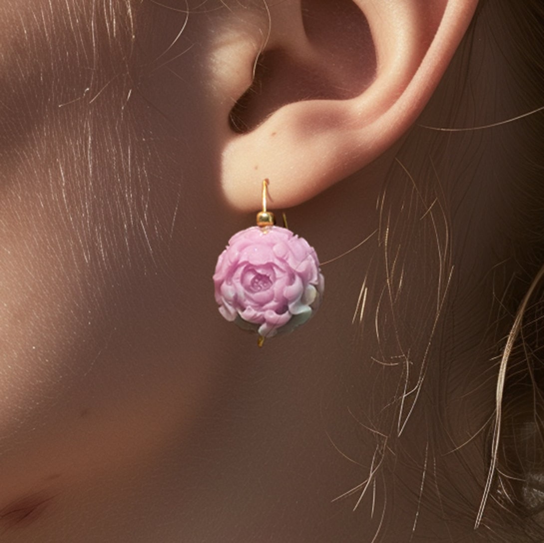 Pink Agate Peony Flower Earring II 14K Gold Hook - 8