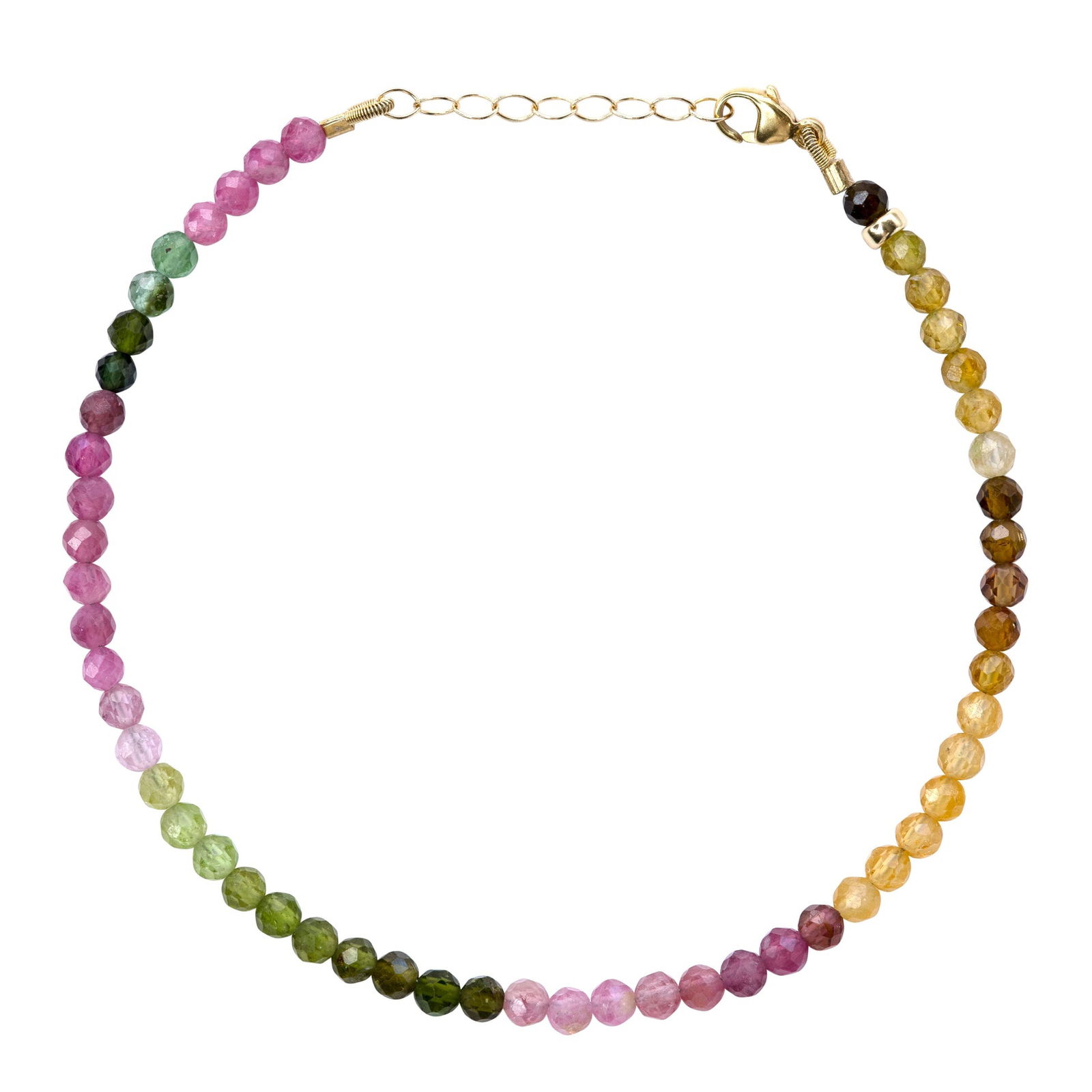 Rainbow Tourmaline Bracelet 14K Gold: Title:Rainbow Tourmaline Bracelet 14K GoldDescription:Like capturing a perfect rainbow after a summer shower, this bracelet adorns your wrist with nature's most vibrant palette in miniature. Each
