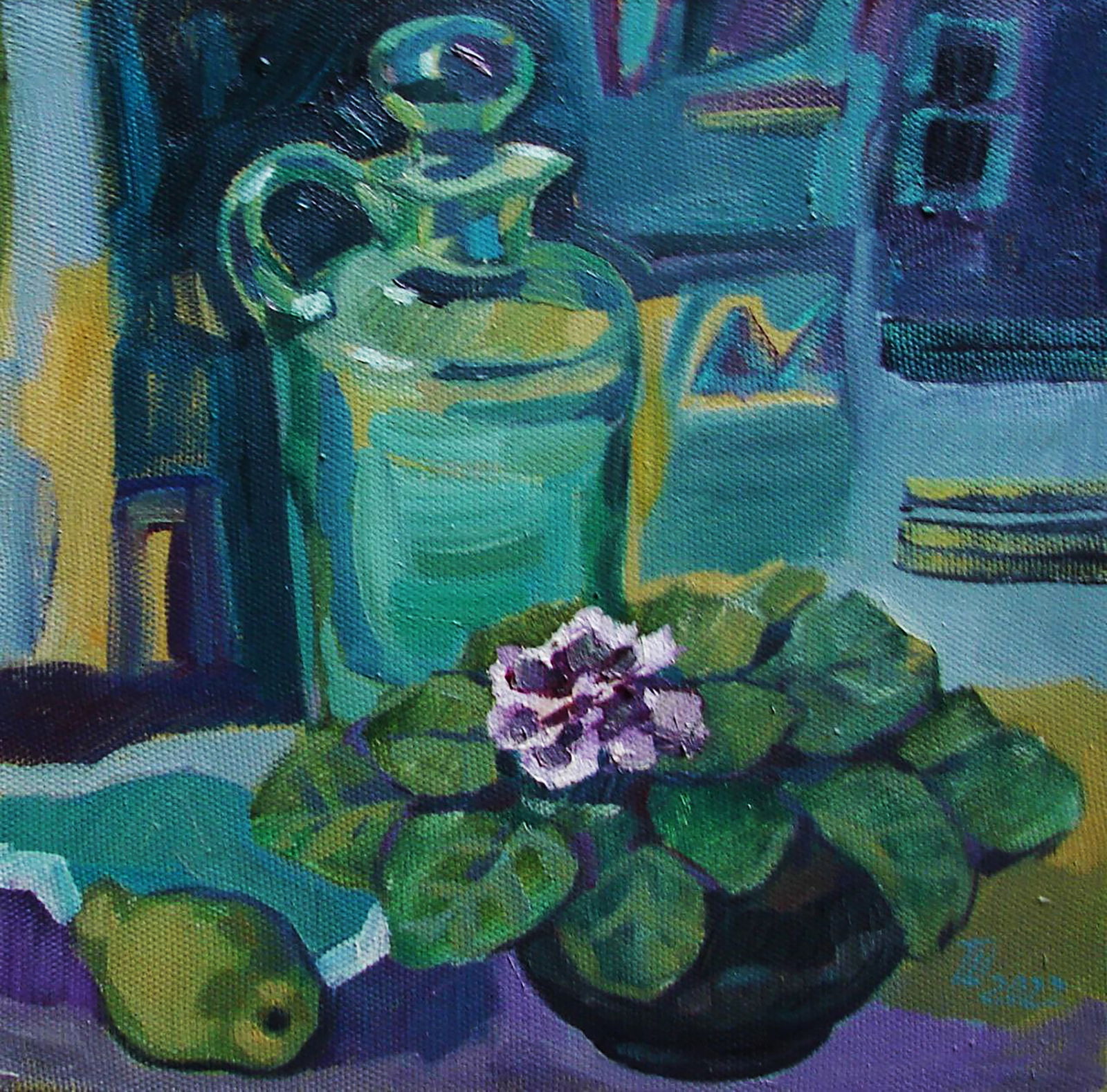 Oil painting Still life with a violet Tatyana Shulyak: Title: Oil painting Still life with a violet Tatyana Shulyak Description: 63SHUL Painter: Tatyana Shulyak Size: 30x30 cm/11.81x11.81 inches Components: oil, canvas Original painting CONDITION: excelle