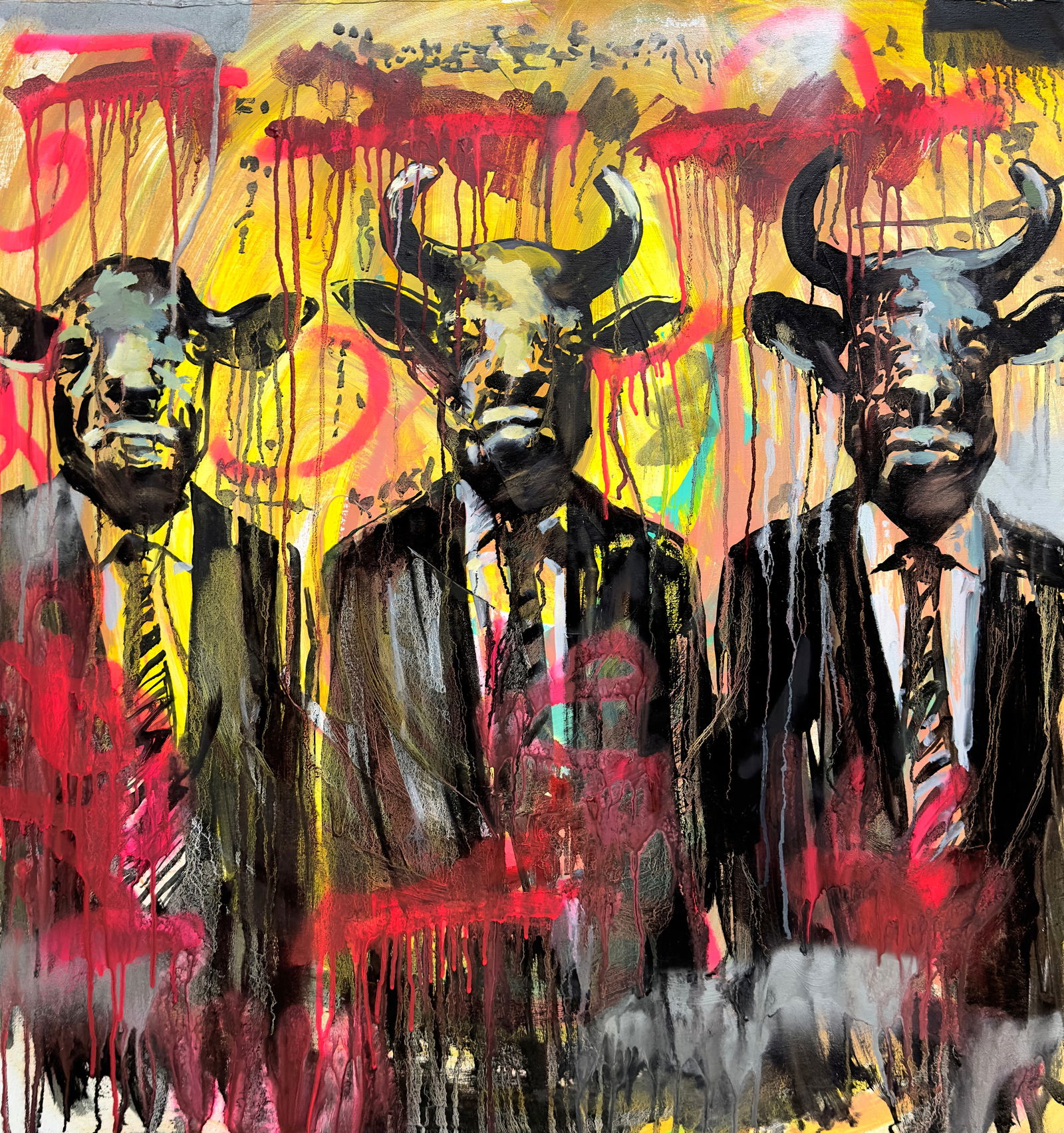 Acrylic painting Three Bulls Anatoliy Menkiv: Title: Acrylic painting Three Bulls Anatoliy Menkiv Description: 42MENK Painter: Anatoliy Menkiv Size: 83.5x88 cm/32.87x34.64 inches Components: acrylic, canvas Original painting - series Noise of the