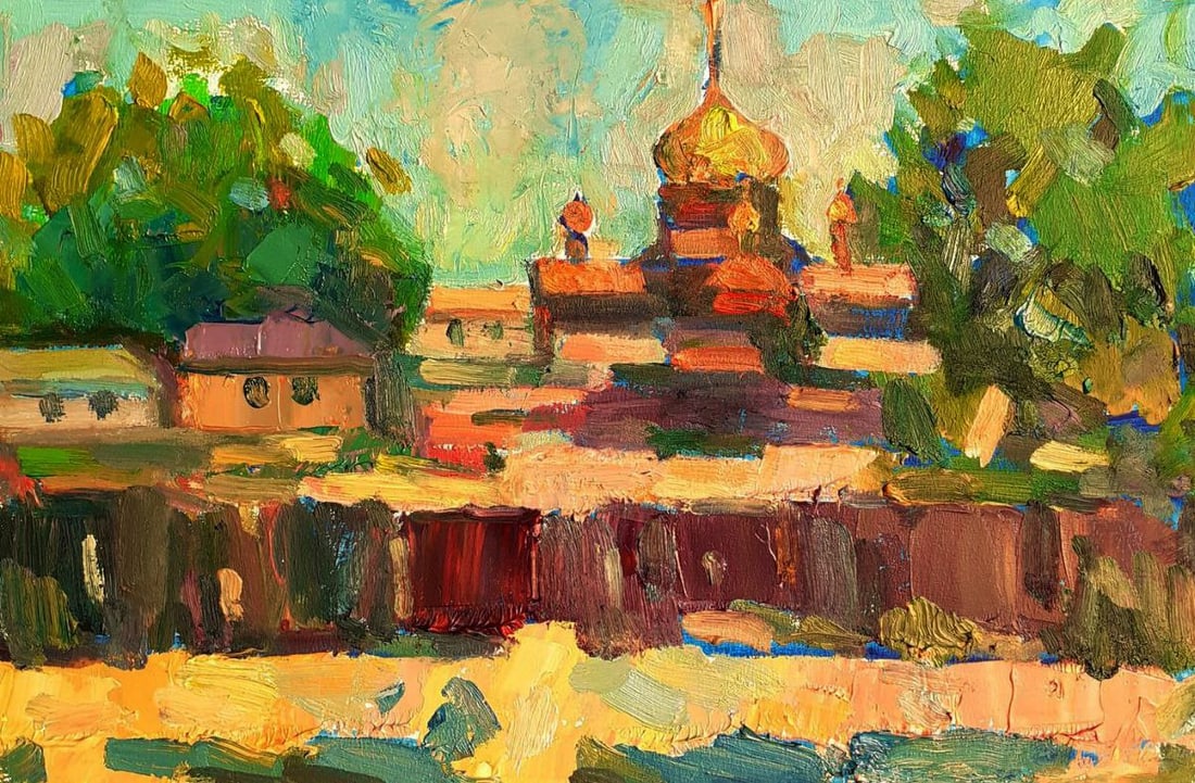 Oil painting A landscape with a church Pavel Dobrev: Title: Oil painting A landscape with a church Pavel Dobrev Description: No. Dobr 878The Oil painting on Cardboard titled “A landscape with a church” offers a vibrant and emotionally rich inter
