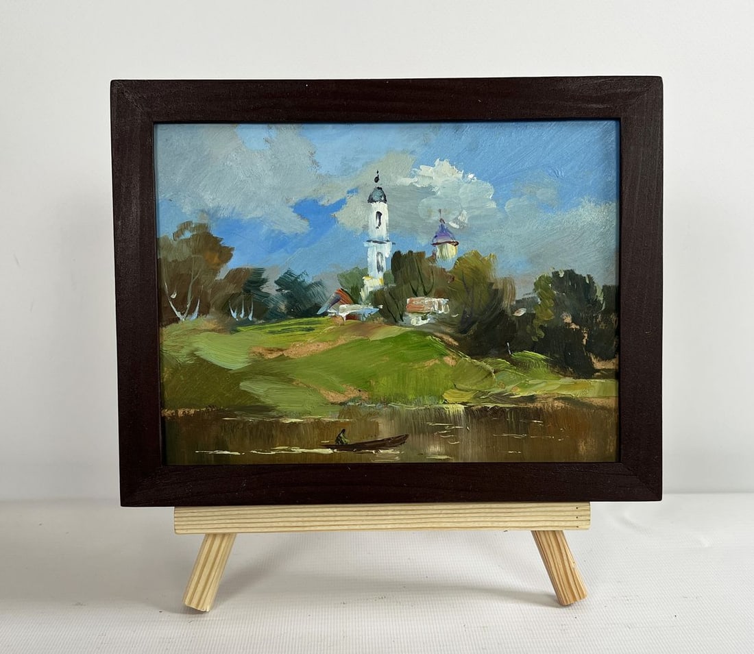 Oil painting The village church is visible Yuriy Suprunchuk: Title: Oil painting The village church is visible Yuriy Suprunchuk Description: No. AAA4317The painting "The Village Church is Visible" captures a serene and picturesque rural landscape where nature a