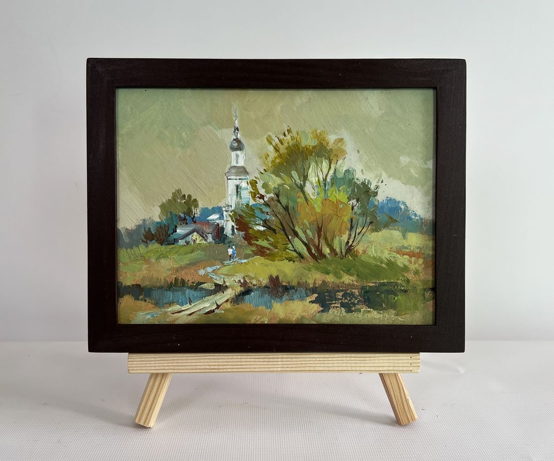 Oil painting At the village church Yuriy Suprunchuk: Title: Oil painting At the village church Yuriy Suprunchuk Description: No. AAA4403The painting "At the Village Church" captures a peaceful rural landscape, where nature and spirituality harmoniously