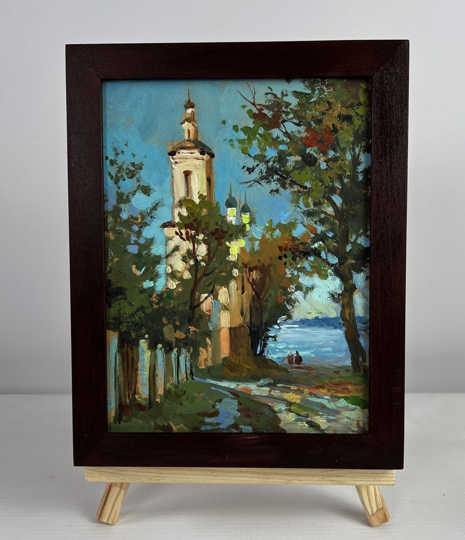 Oil painting Towers of the monastery Yuriy Suprunchuk: Title: Oil painting Towers of the monastery Yuriy Suprunchuk Description: No. AAA4967The oil painting on cardboard titled "Towers of the Monastery" transports the viewer into a serene, almost dreamlik
