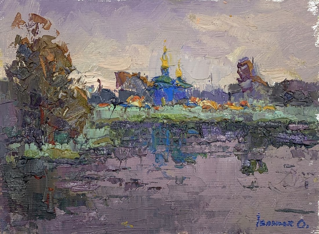 Oil painting Evening bell Kalenyuk Oksana: Title: Oil painting Evening bell Kalenyuk Oksana Description: No. AAA3099The oil painting titled "Evening Bell" depicts a tranquil urban landscape during what appears to be the enchanting hour of dusk