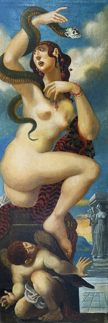 Oil painting Figure girl with a snake Litvinov Oleg Arkad'yevich: Title: Oil painting Figure girl with a snake Litvinov Oleg Arkad'yevich Description: No. Litv 350 *** ABOUT THIS PAINTING *** * TITLE: "Figure girl with a snake" * ARTISTS: Litvinov Oleg Arkad'yevich