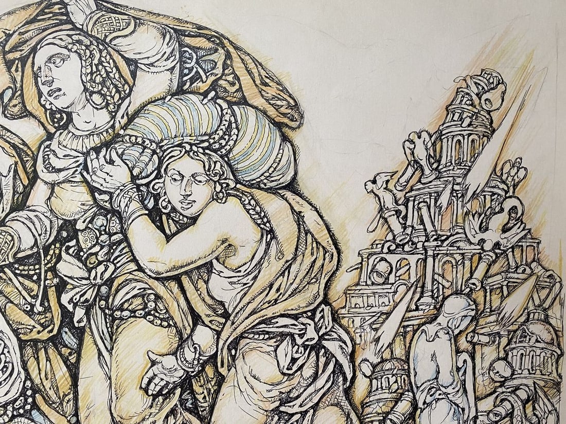 Pencil ,mascara, painting Lot and daughters Litvinov Oleg Arkad'yevich - 5