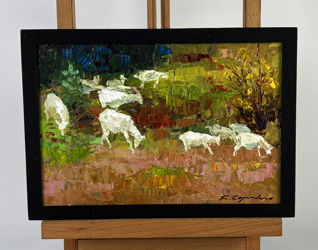 Oil painting White goats in the meadows Boris Serdyuk: Title: Oil painting White goats in the meadows Boris Serdyuk Description: №AAA6385*** ABOUT THIS PAINTING *** * TITLE: "White goats in the meadows" * ARTISTS: Boris Serdyuk * SIZE: 19.9x30 cm/7.
