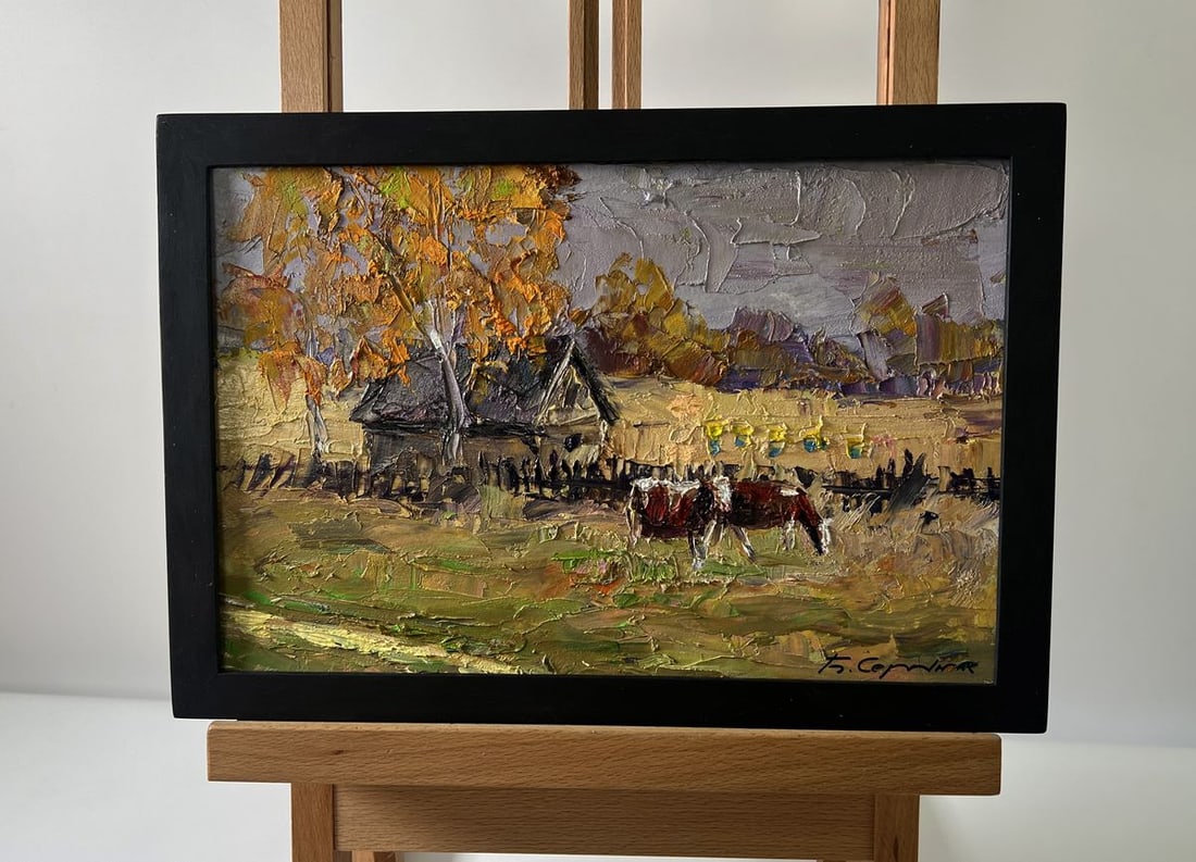 Oil painting Village cows grazing Boris Serdyuk: Title: Oil painting Village cows grazing Boris Serdyuk Description: №AAA5735The Oil painting Cardboard titled "Village cows grazing" presents a rustic and serene depiction of pastoral life, wher
