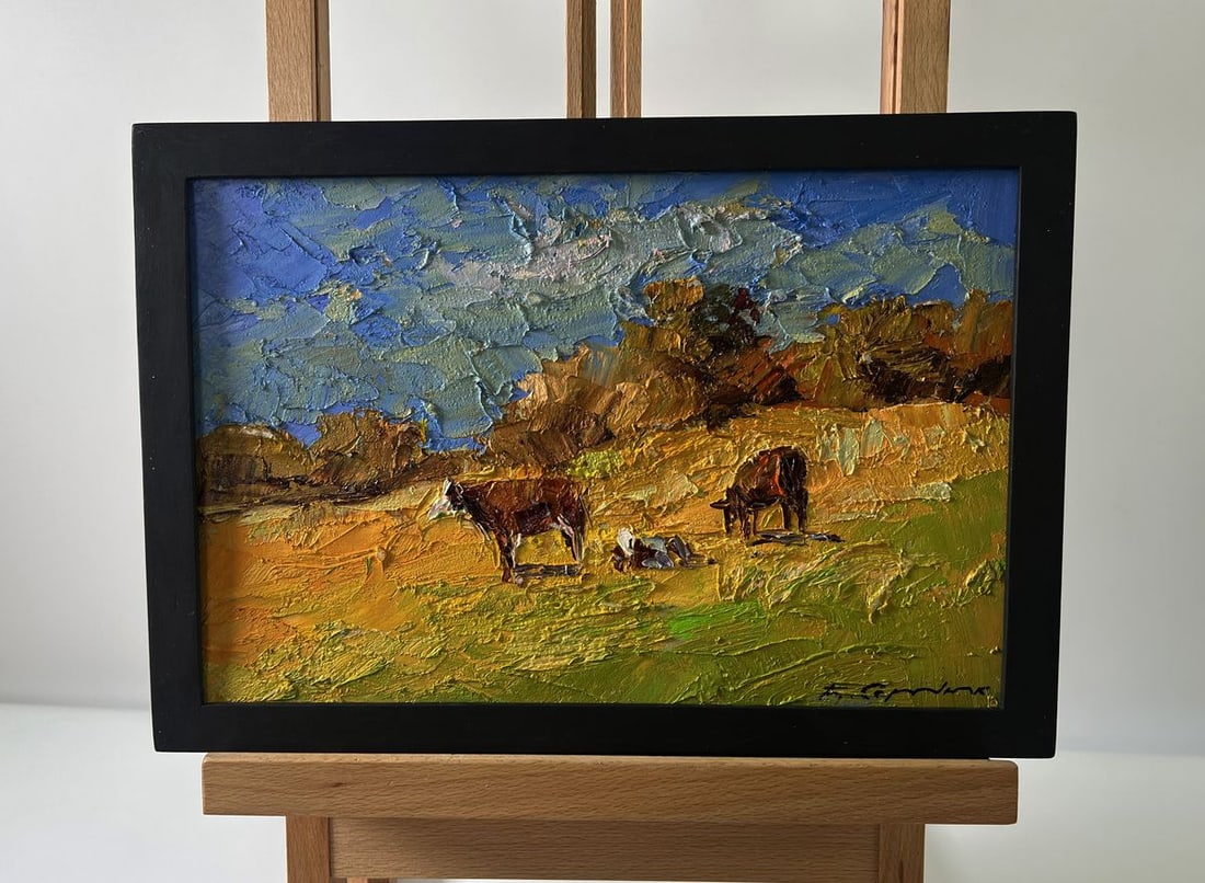 Oil painting Cows on the hill Boris Serdyuk: Title: Oil painting Cows on the hill Boris Serdyuk Description: №AAA5743The Oil painting Cardboard titled "Cows on the hill" captures the harmony of pastoral life against the backdrop of a vibra