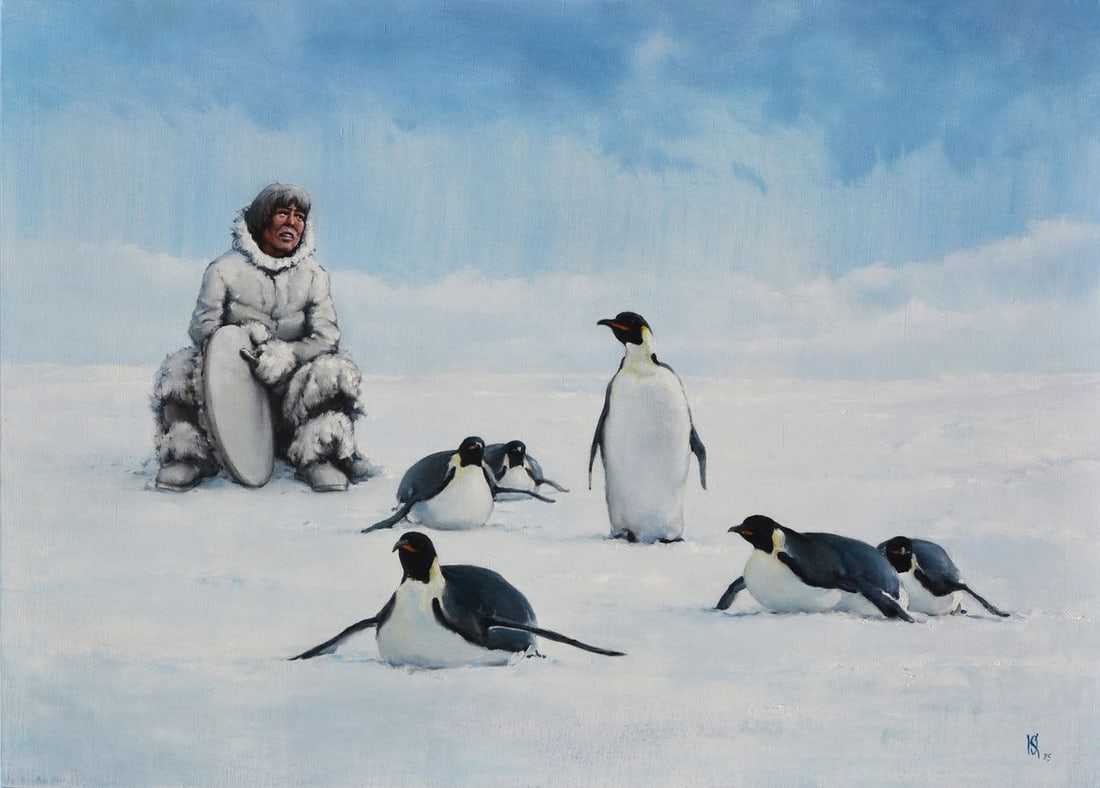 Oil painting Penguins and man Oleg Kateryniuk: Title: Oil painting Penguins and man Oleg Kateryniuk Description: №Kat 63The Oil painting Canvas titled "Penguins and man" presents a compelling and poetic scene set in the frozen expanse of