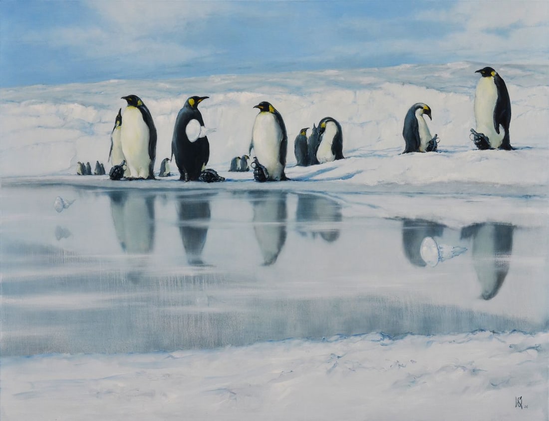 Oil painting Penguin colony Oleg Kateryniuk: Title: Oil painting Penguin colony Oleg Kateryniuk Description: №Kat 56The oil painting on canvas titled "Penguin Colony" captures a serene yet thought-provoking scene set in the vast, frozen