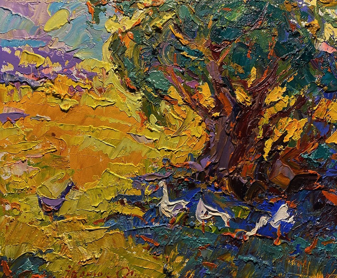 Oil painting Geese in the shade of willows Alex Kalenyuk: Title: Oil painting Geese in the shade of willows Alex Kalenyuk Description: №Kalen 1486The oil painting on canvas titled "Geese in the Shade of Willows" is an exuberant expression of pastoral l