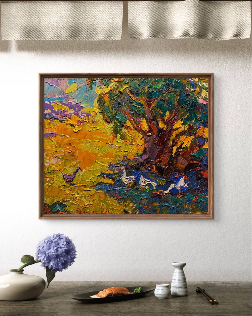 Oil painting Geese in the shade of willows Alex Kalenyuk - 2