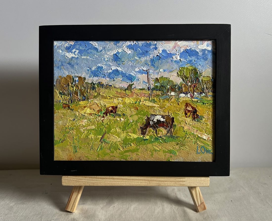 Oil painting On a hot day in the field Oksana Kalenyuk: Title: Oil painting On a hot day in the field Oksana Kalenyuk Description: №AAA3953This oil painting cardboard, titled "On a hot day in the field", the scene is filled with warm, golden hues, su