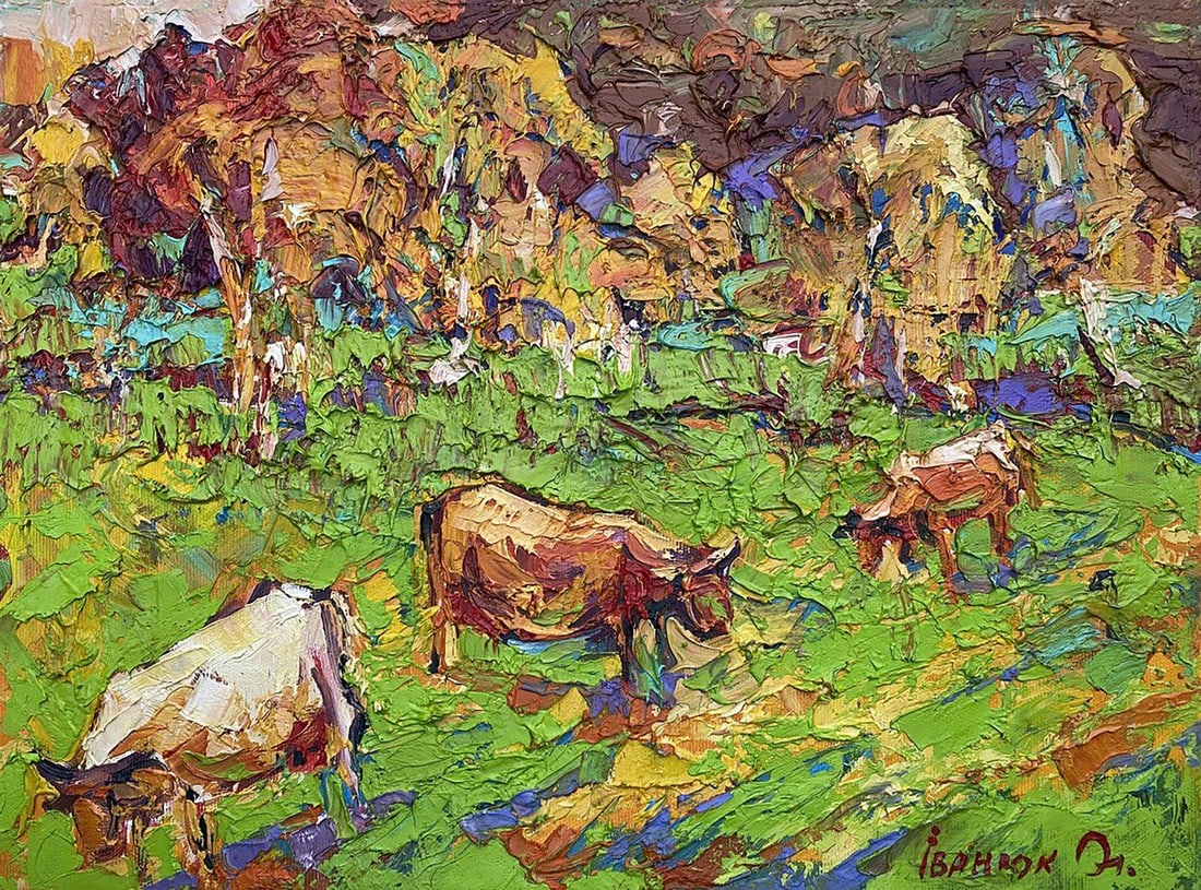Oil painting In the pasture Kalenyuk Alex: Title: Oil painting In the pasture Kalenyuk Alex Description: №Kalen 1202"In the Pasture" is a captivating oil painting that presents a vivid tableau of rural life. Bursting with a riot of color