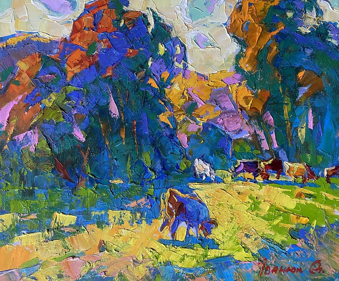 Oil painting On the edge of the forest Alex Kalenyuk: Title: Oil painting On the edge of the forest Alex Kalenyuk Description: №Kalen 1416The painting "On the Edge of the Forest" bursts with vivid colors and dynamic brushstrokes, depicting a pictur