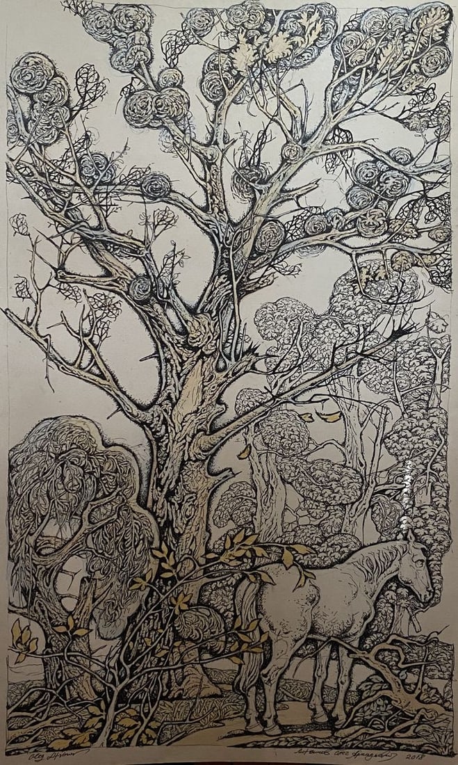 Pencil, mascara, painting White horse Litvinov Oleg Arkad'yevich (1 of 9)