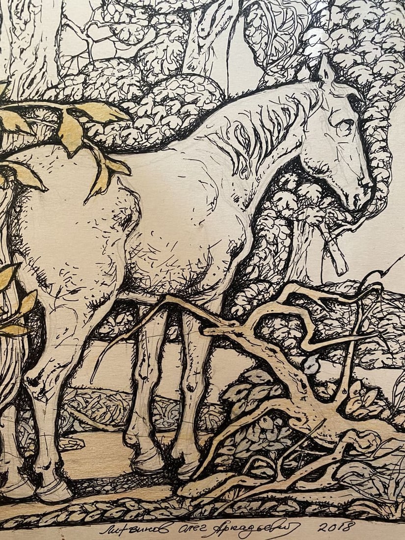 Pencil, mascara, painting White horse Litvinov Oleg Arkad'yevich - 2