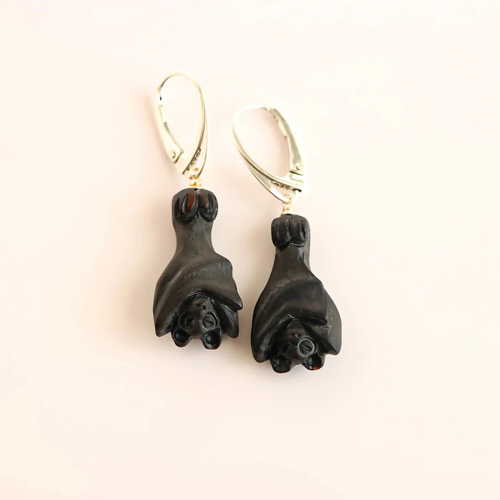 Black Amber Bat Earrings - 925 Sterling Silver - 2