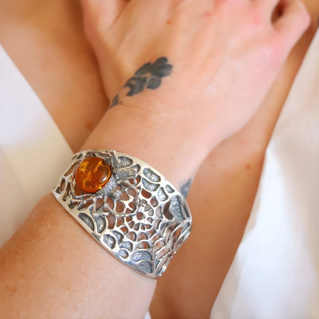 Amber Bracelet | Sterling Silver Spiderweb Cuff with Cognac Amber - 6