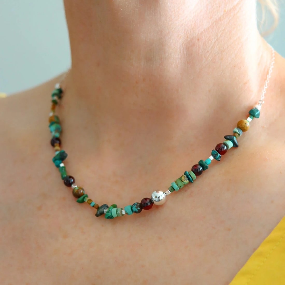 Genuine Turquoise Beaded Necklace and Cherry Amber with 925 Sterling Silver - 3