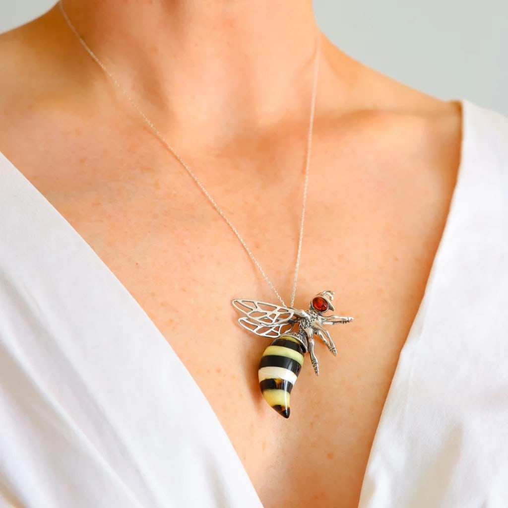 Baltic Amber Bumble Bee Pendant - Large Sterling Silver Necklace - 3