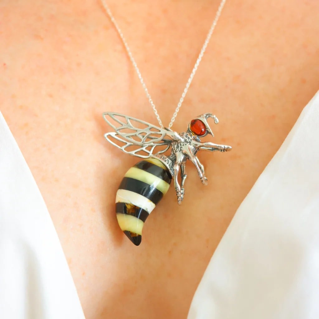 Baltic Amber Bumble Bee Pendant - Large Sterling Silver Necklace - 4