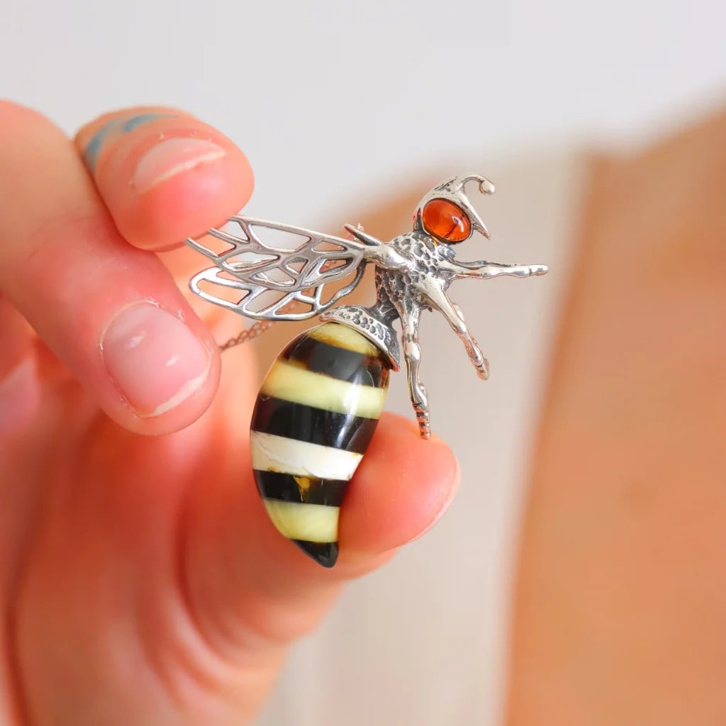 Baltic Amber Bumble Bee Pendant - Large Sterling Silver Necklace - 5