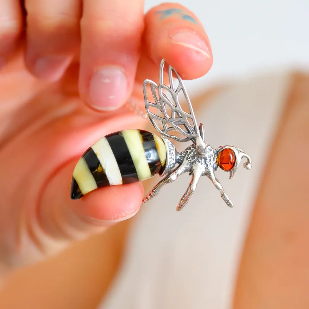 Baltic Amber Bumble Bee Pendant - Large Sterling Silver Necklace - 6