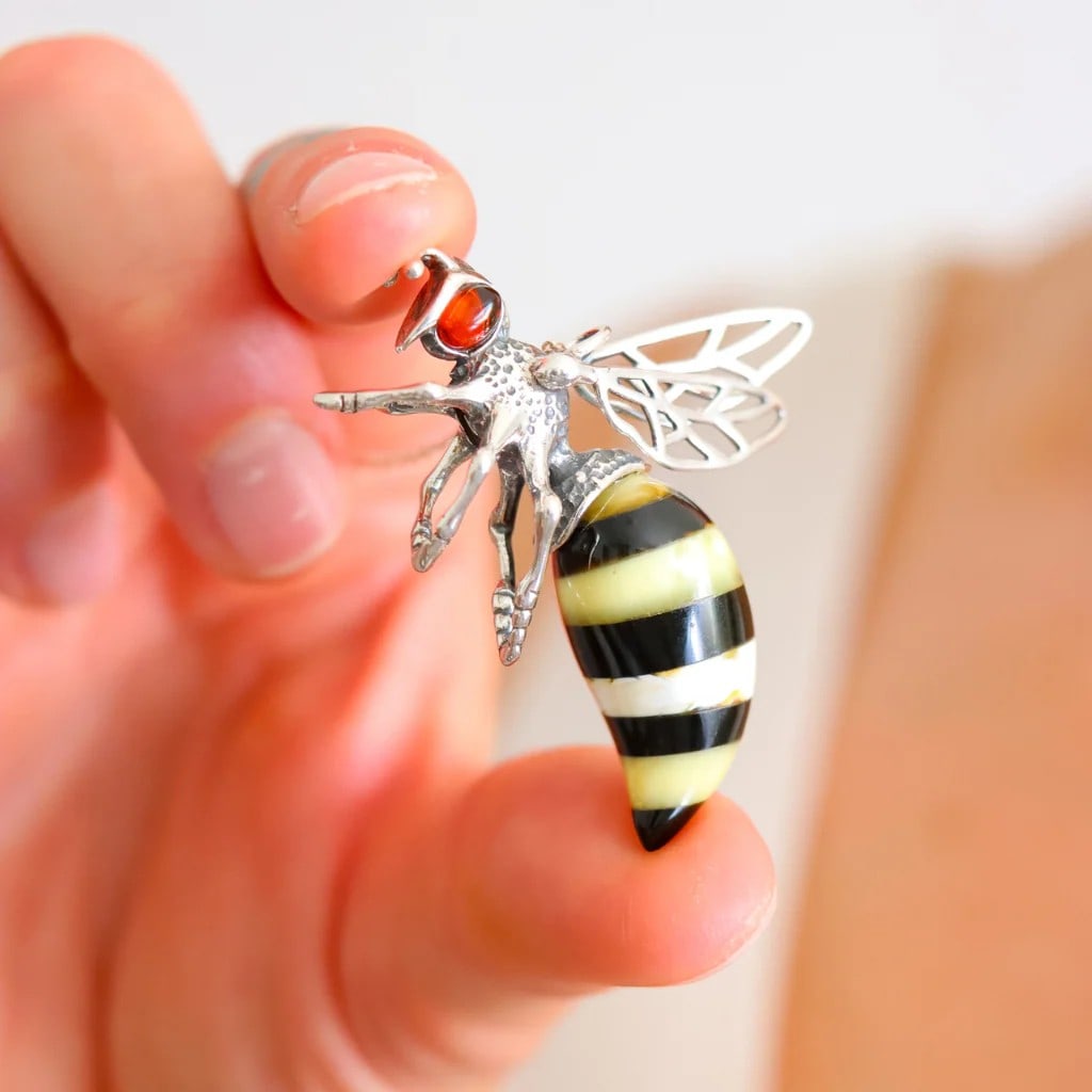 Baltic Amber Bumble Bee Pendant - Large Sterling Silver Necklace - 7