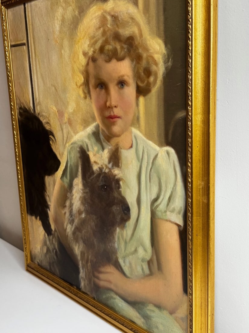 Oil Portrait Mary with Cairn Terriers In the Manner of Sir Harrington Mann - 6
