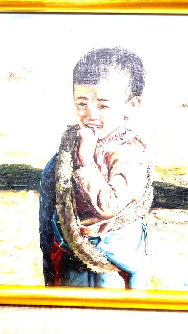 Chinese Portrait Oil Painting Desert Boy Anticipation After Lee Man Fong - 2