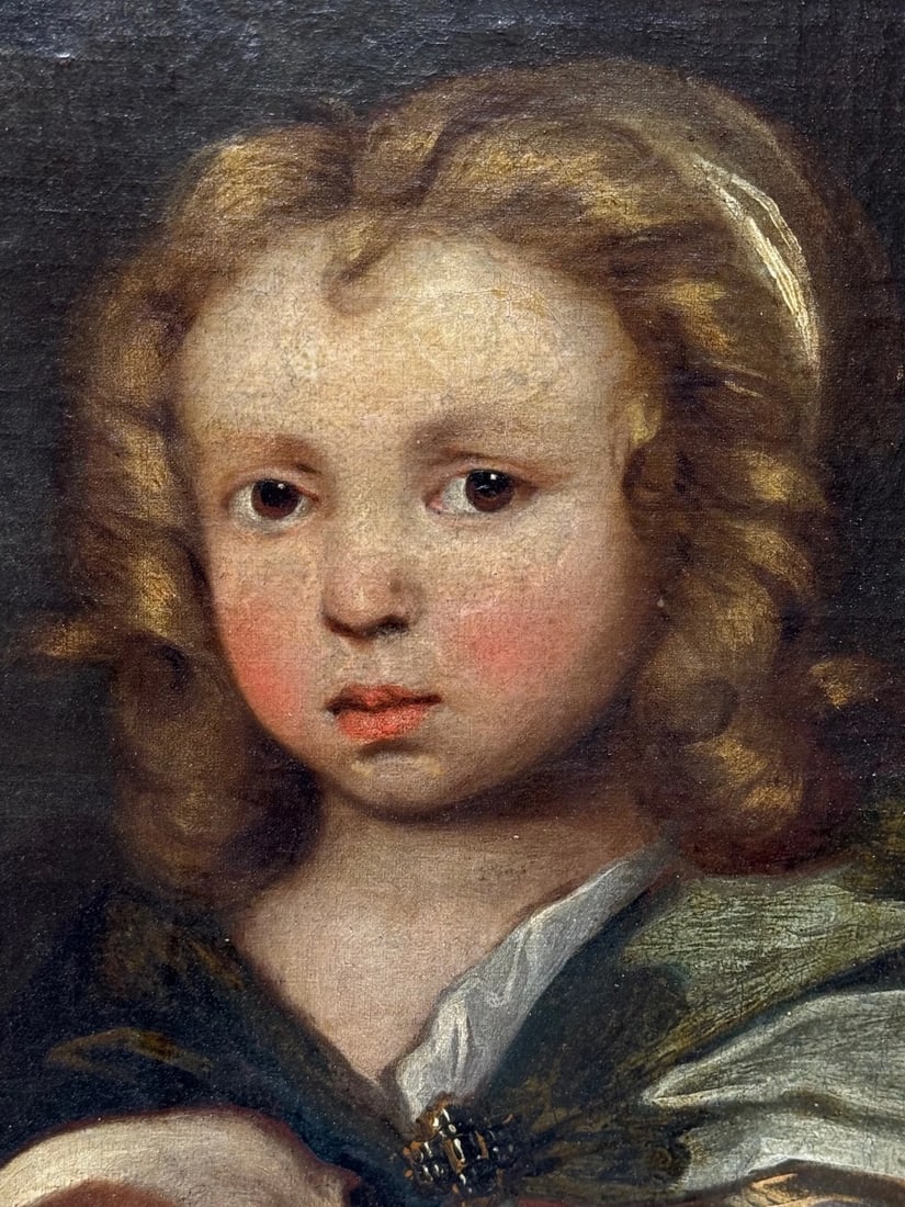 An Endearing Bond Boy with King Charles Spaniel Puppy Circle Of Mary Beale C1680 - 4