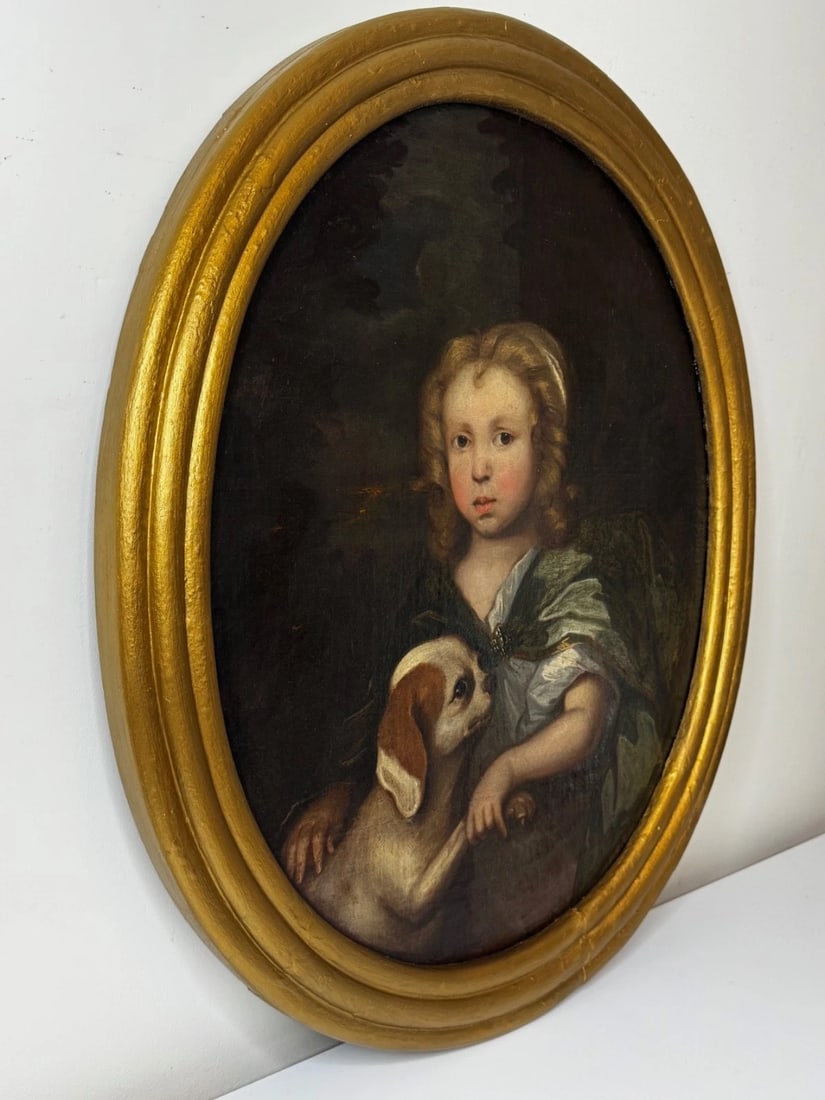 An Endearing Bond Boy with King Charles Spaniel Puppy Circle Of Mary Beale C1680 - 8