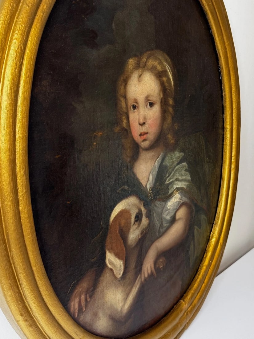 An Endearing Bond Boy with King Charles Spaniel Puppy Circle Of Mary Beale C1680 - 9