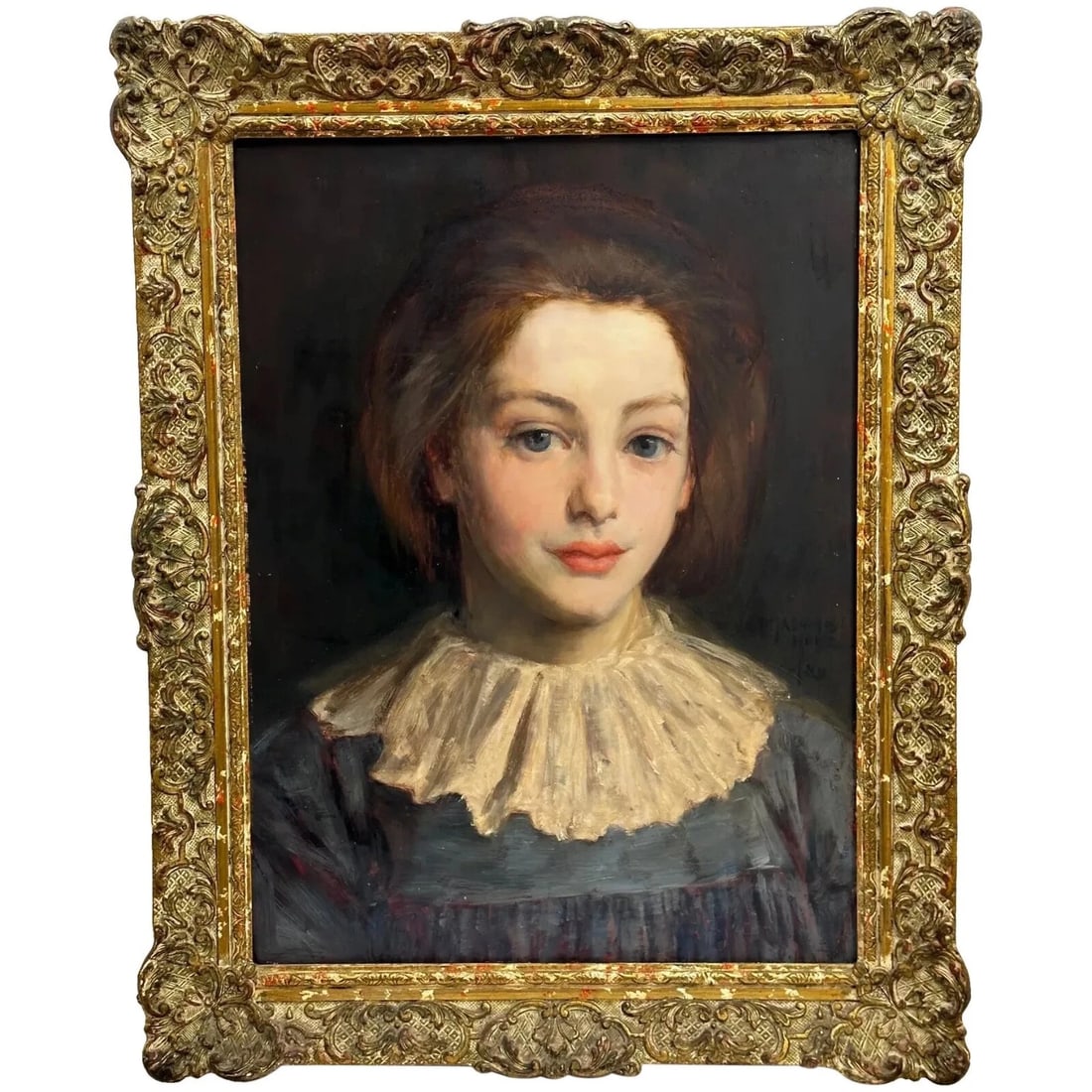 Lady Cherry Lips & Blue Dress Portrait by Signed George Percy Jacomb-Hood C1889: Title: Lady Cherry Lips & Blue Dress Portrait by Signed George Percy Jacomb-Hood C1889 Description: Lady Cherry Lips & Blue Dress – Signed 1889 Portrait by George Percy Jacomb-Hood Fine Victorian