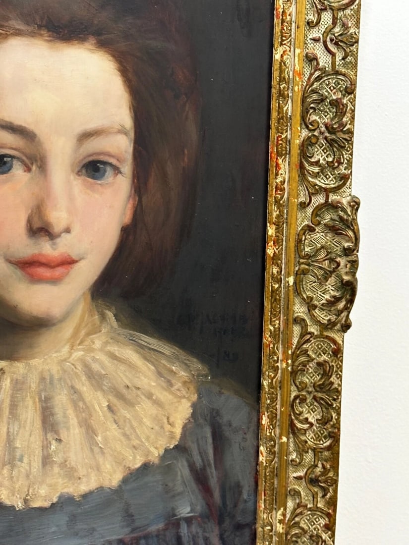 Lady Cherry Lips & Blue Dress Portrait by Signed George Percy Jacomb-Hood C1889 - 4