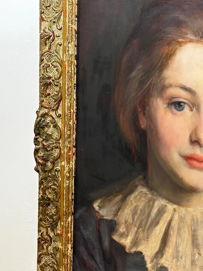 Lady Cherry Lips & Blue Dress Portrait by Signed George Percy Jacomb-Hood C1889 - 5