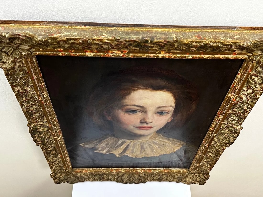 Lady Cherry Lips & Blue Dress Portrait by Signed George Percy Jacomb-Hood C1889 - 6