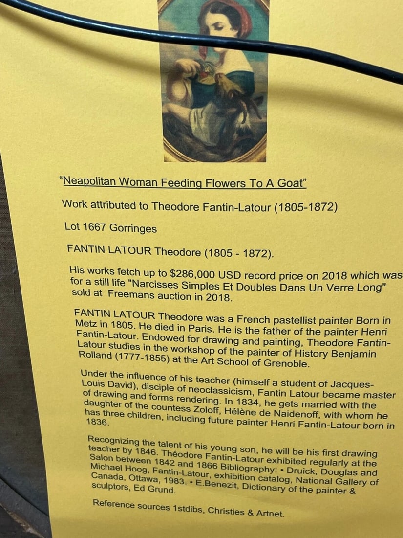 French Painting Young Woman Feeding Goat Flowers ATTRIB Fantin Latour Theodore - 4