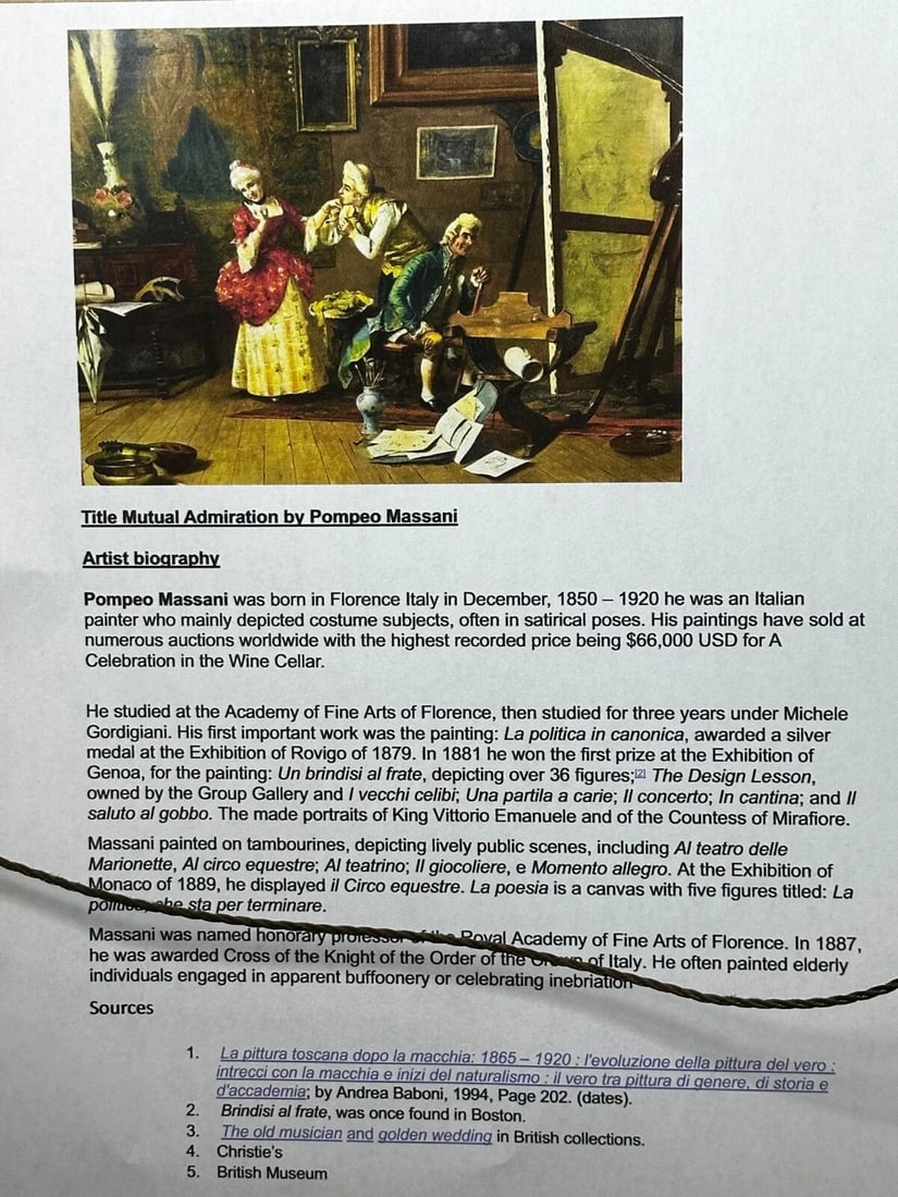 19th Century Italian Genre Mutual Admiration Oil Painting By Pompeo Massani - 6