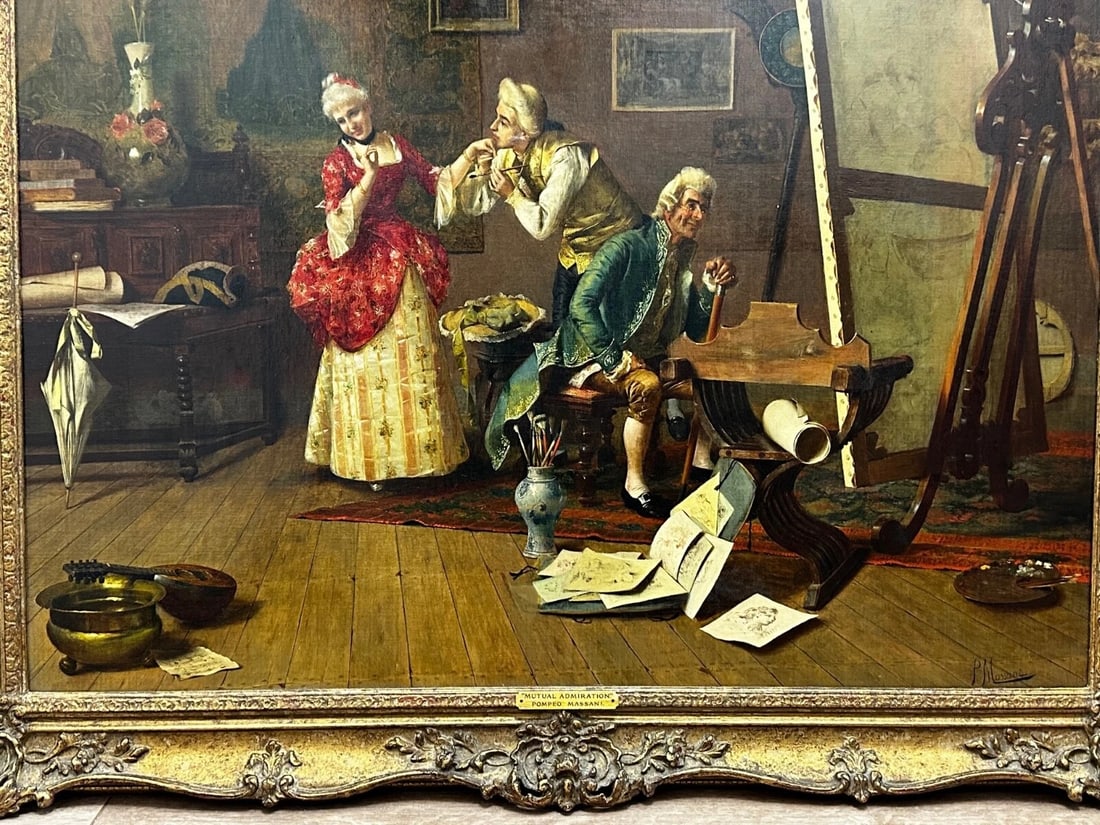 19th Century Italian Genre Mutual Admiration Oil Painting By Pompeo Massani - 9